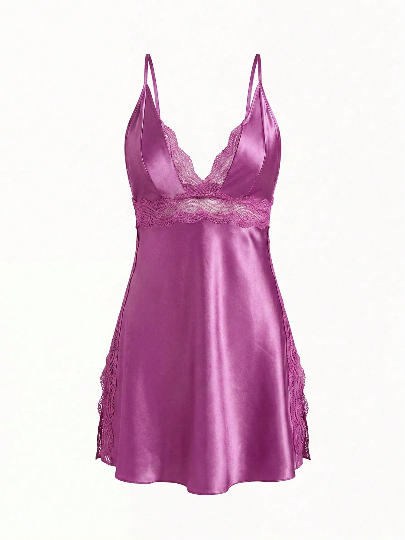 Women Lace Contrast Backless Spaghetti Strap Slit Nightgown Babydoll Luxeloungewear