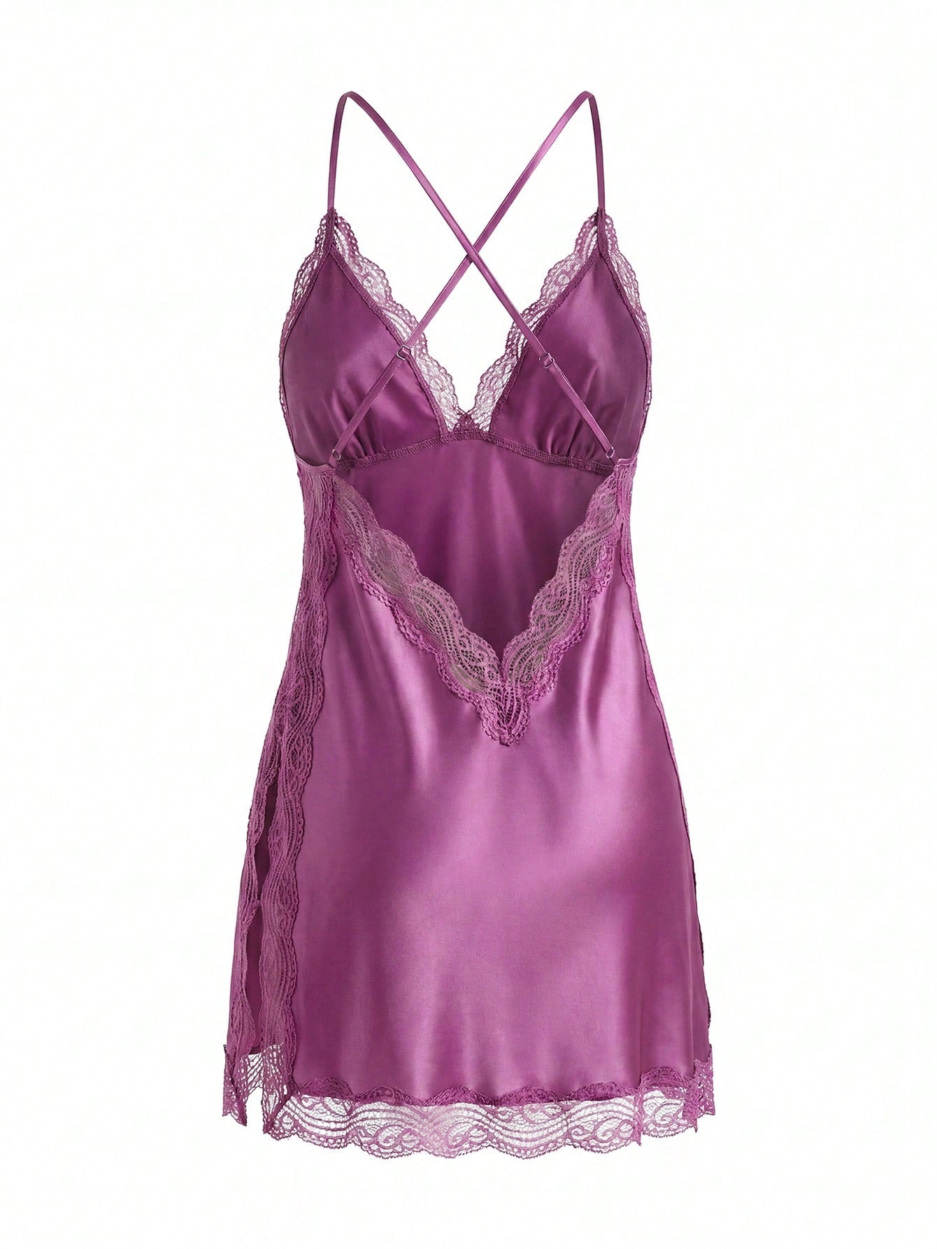 Women Lace Contrast Backless Spaghetti Strap Slit Nightgown Babydoll Luxeloungewear