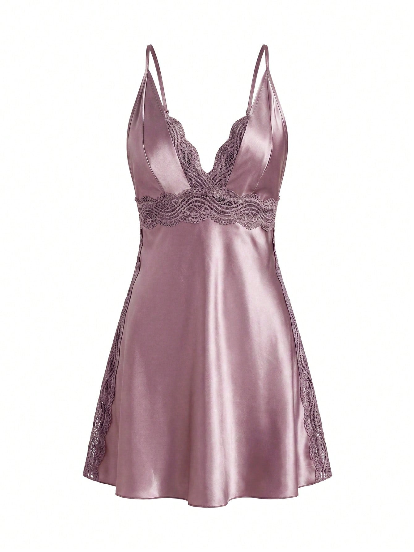 Women Lace Contrast Backless Spaghetti Strap Slit Nightgown Babydoll Luxeloungewear