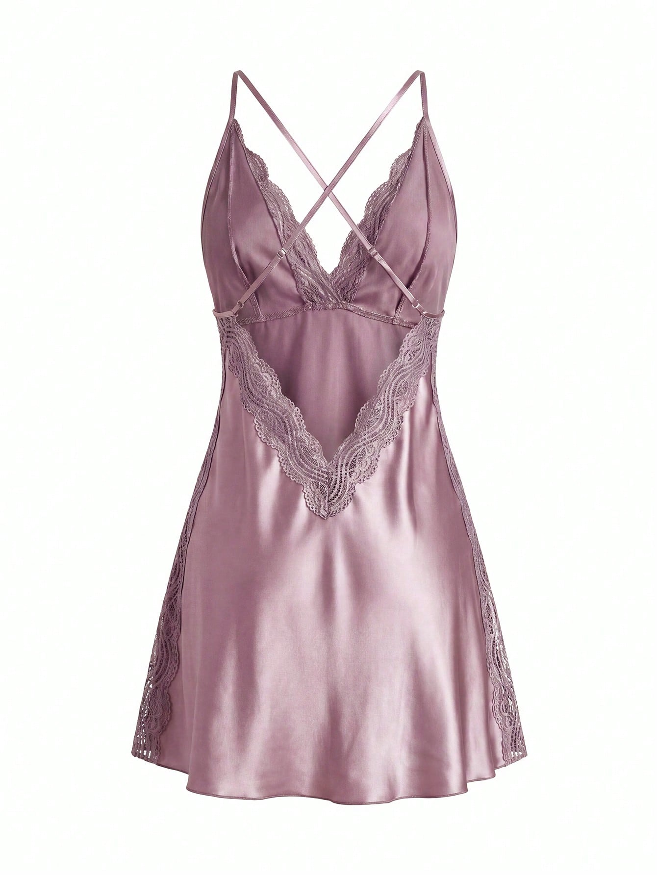 Women Lace Contrast Backless Spaghetti Strap Slit Nightgown Babydoll Luxeloungewear