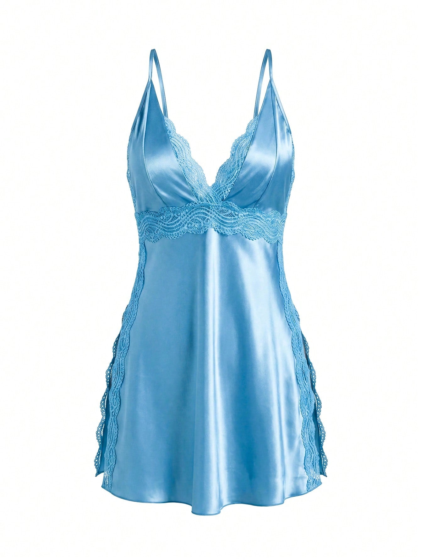 Women Lace Contrast Backless Spaghetti Strap Slit Nightgown Babydoll Luxeloungewear