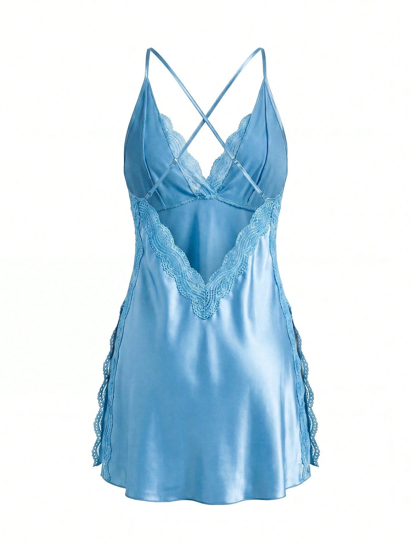 Women Lace Contrast Backless Spaghetti Strap Slit Nightgown Babydoll Luxeloungewear