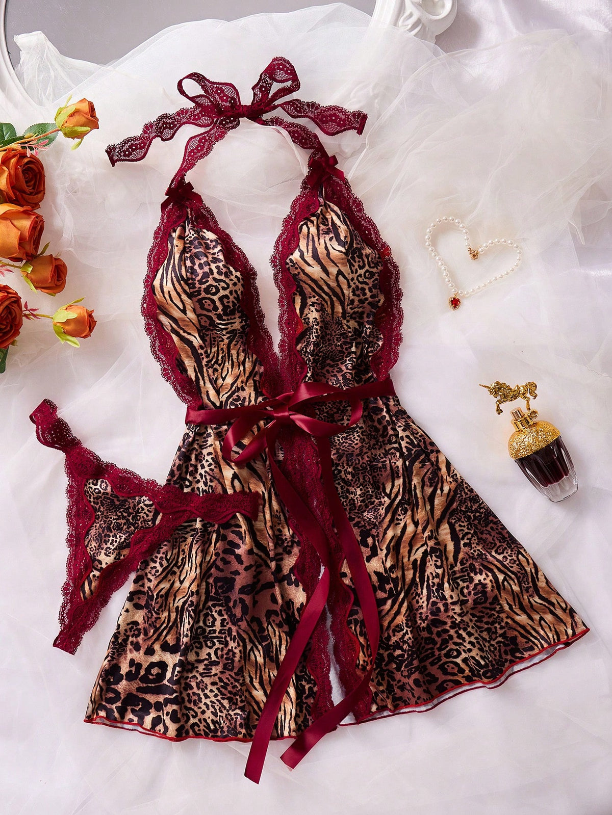 Two-Piece Lace Color-Blocked Sexy Dress Set (Slip Dress With Animal Print + Underwear) Leopard Print Lingerie