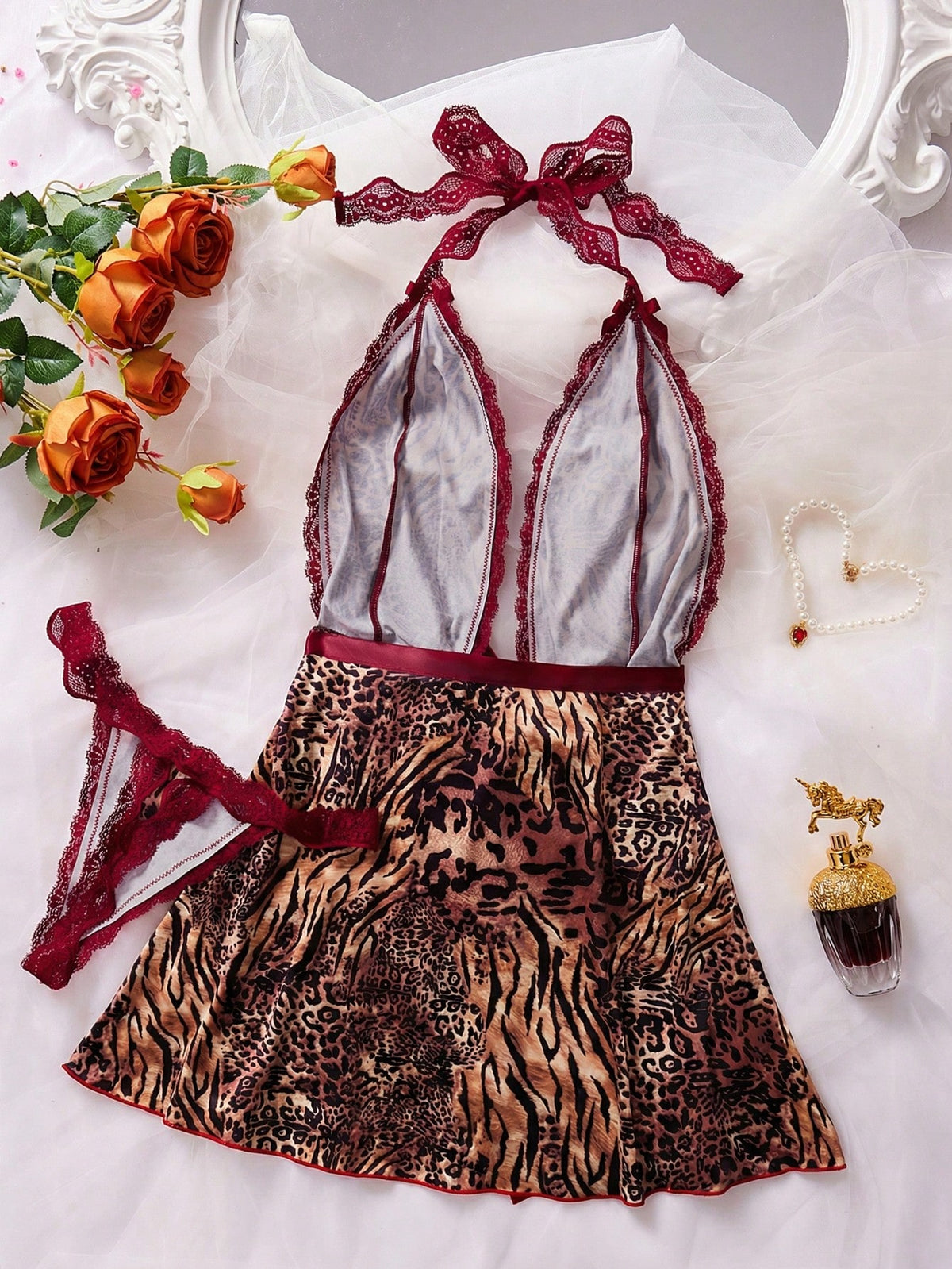Two-Piece Lace Color-Blocked Sexy Dress Set (Slip Dress With Animal Print + Underwear) Leopard Print Lingerie