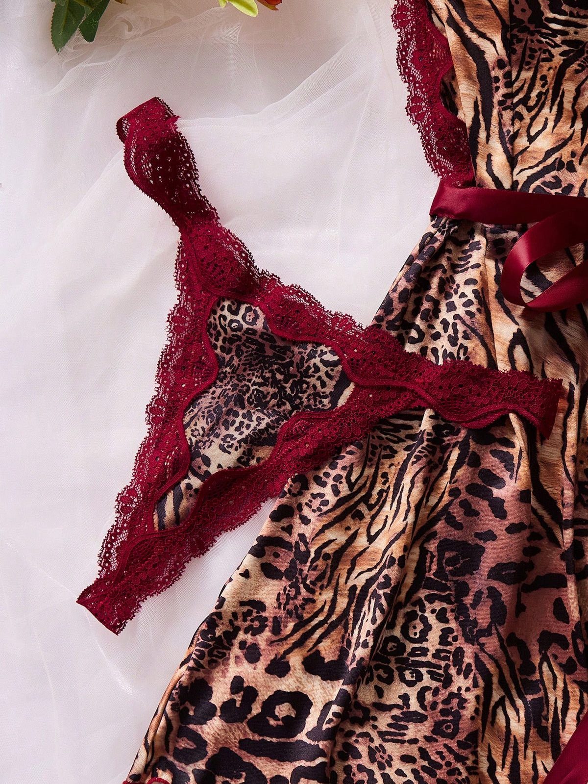 Two-Piece Lace Color-Blocked Sexy Dress Set (Slip Dress With Animal Print + Underwear) Leopard Print Lingerie