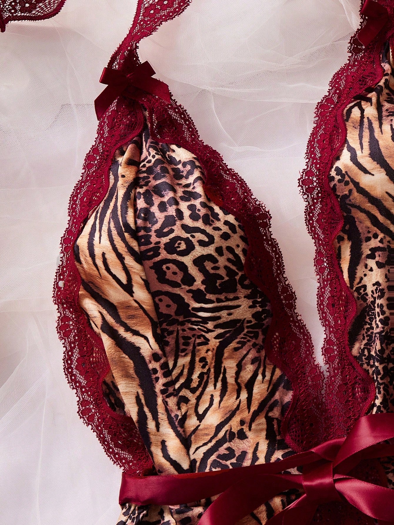 Two-Piece Lace Color-Blocked Sexy Dress Set (Slip Dress With Animal Print + Underwear) Leopard Print Lingerie