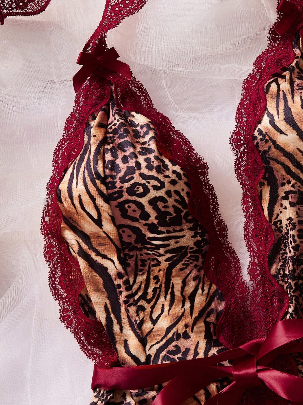 Two-Piece Lace Color-Blocked Sexy Dress Set (Slip Dress With Animal Print + Underwear) Leopard Print Lingerie