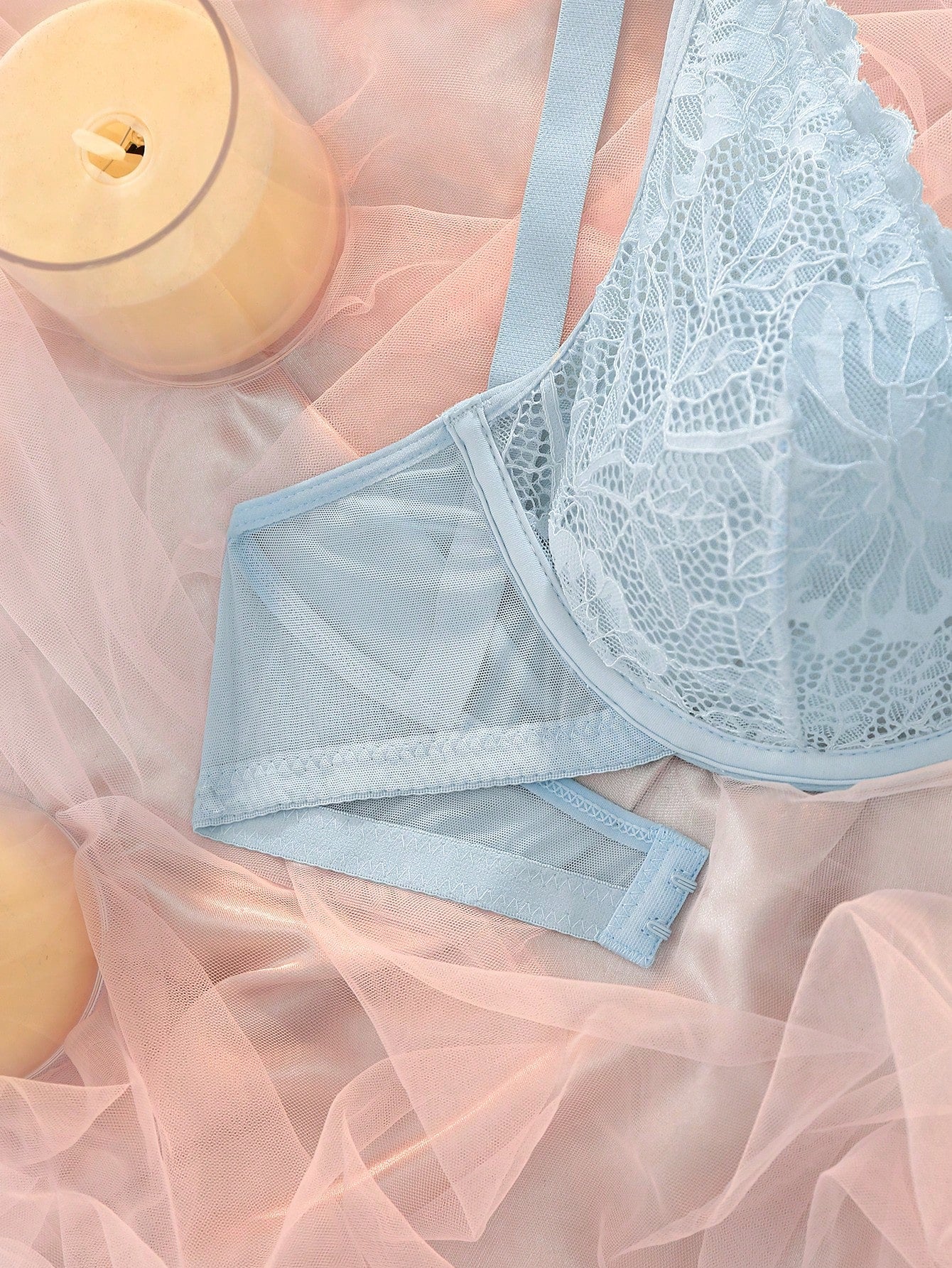 Light Blue Underwire Push-Up Full Coverage Lace Patchwork Sheer Wedding Pure Elegant Plus Size Bra Summer