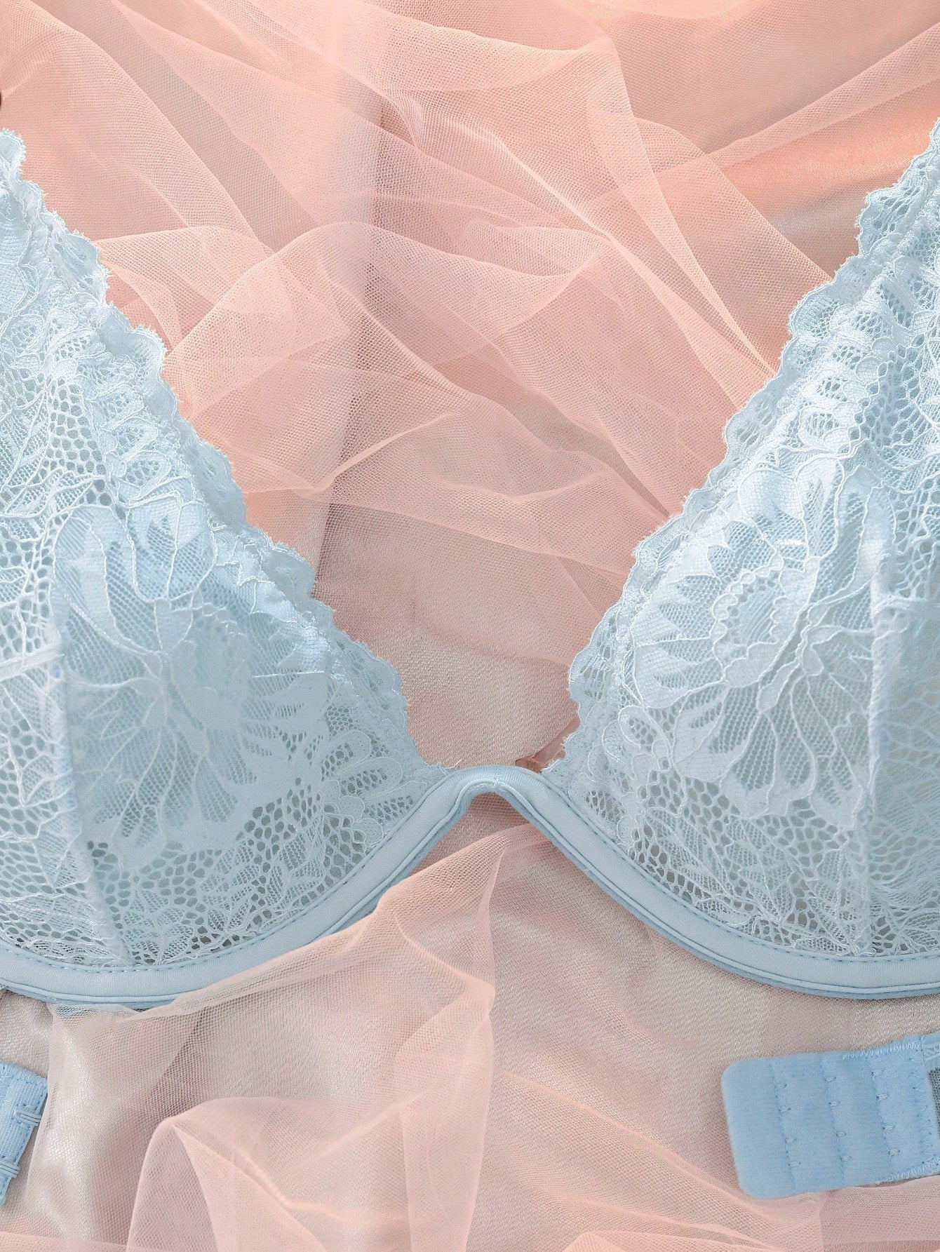 Light Blue Underwire Push-Up Full Coverage Lace Patchwork Sheer Wedding Pure Elegant Plus Size Bra Summer