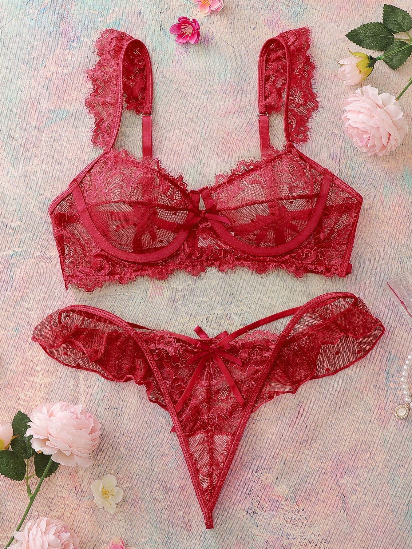 Lace Ruffle Trim Bra And Thong Set With Bow Decorations, Lingerie Bow Tie