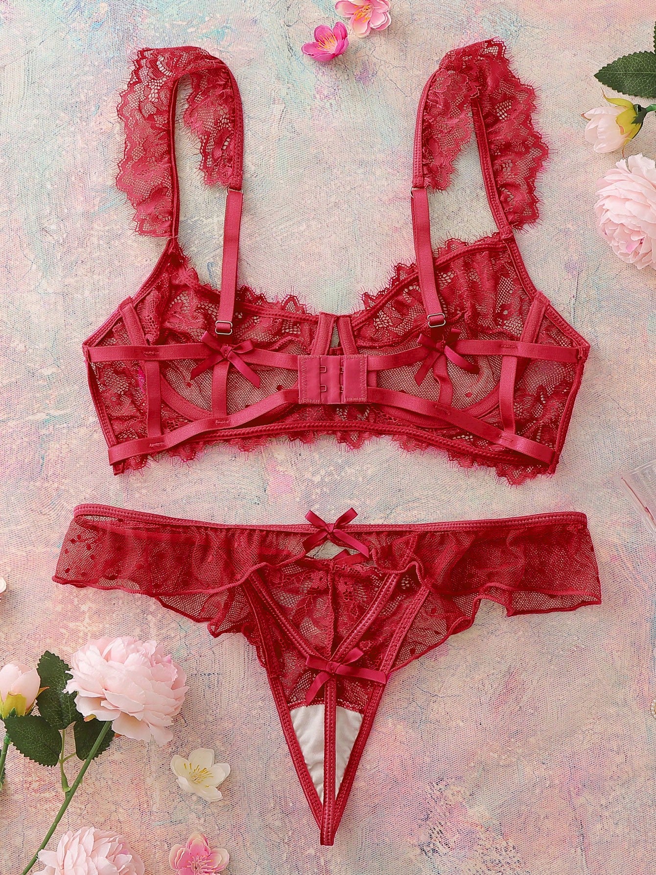 Lace Ruffle Trim Bra And Thong Set With Bow Decorations, Lingerie Bow Tie