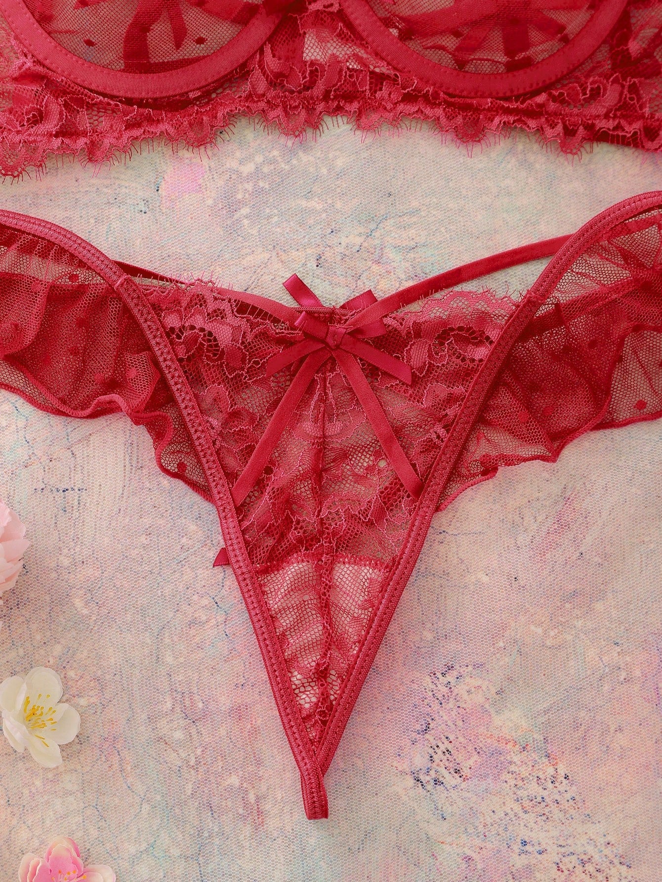 Lace Ruffle Trim Bra And Thong Set With Bow Decorations, Lingerie Bow Tie