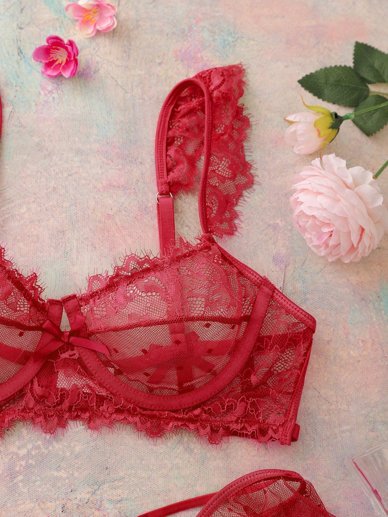 Lace Ruffle Trim Bra And Thong Set With Bow Decorations, Lingerie Bow Tie