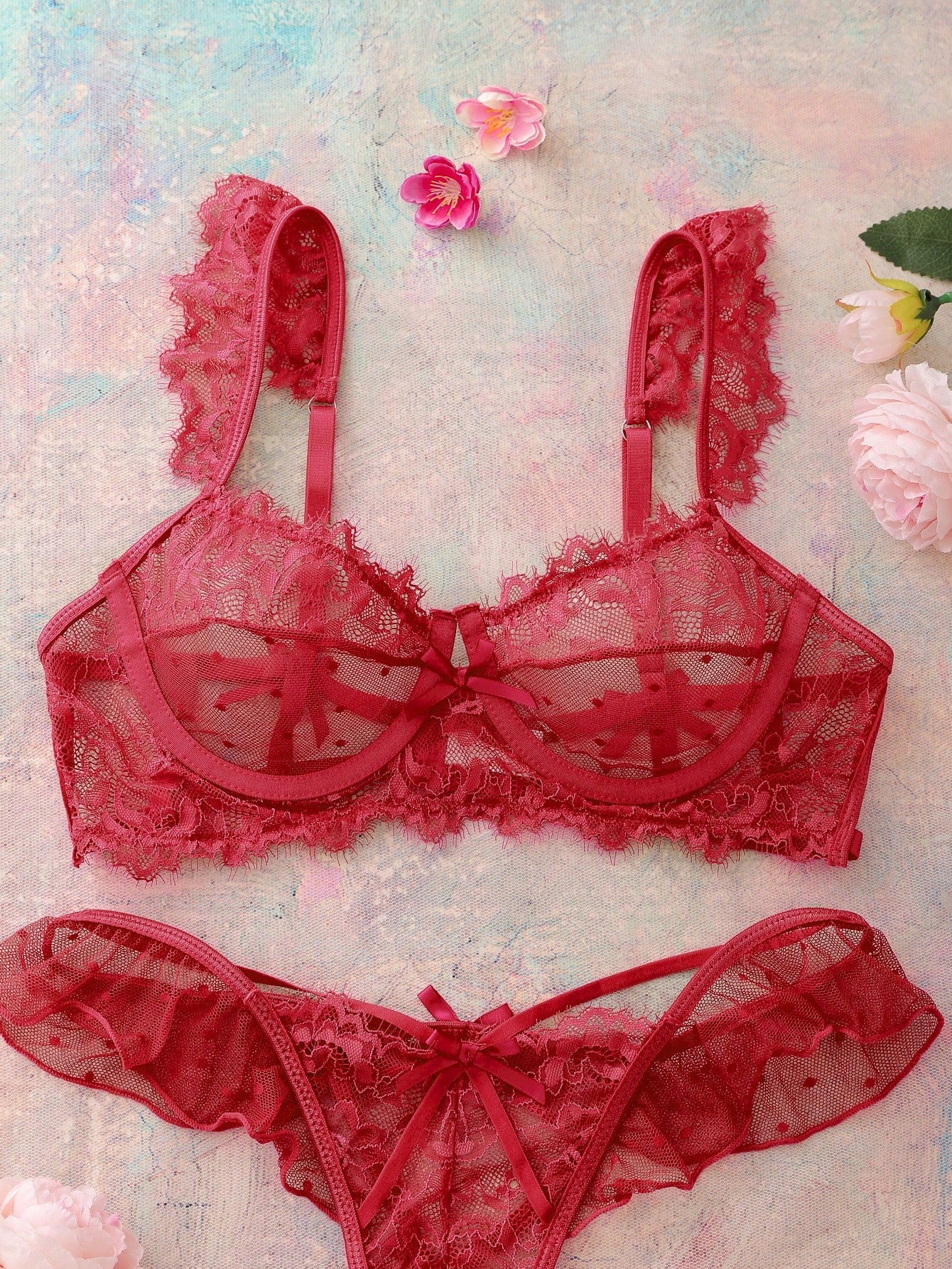 Lace Ruffle Trim Bra And Thong Set With Bow Decorations, Lingerie Bow Tie