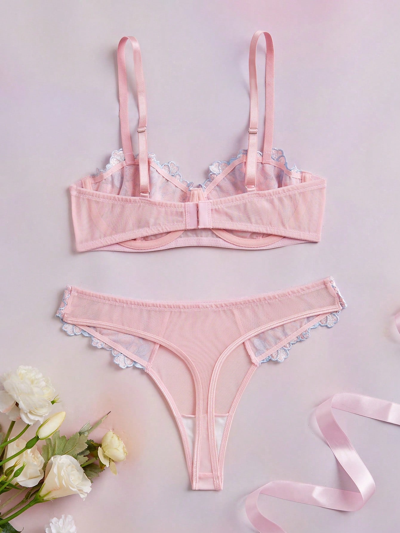 2pcs Pink Blue Embroidered Floral Luxurious Exquisite Underwire Heavy Work Mesh Splicing Romantic Pastoral Sheer Cup Women's Lingerie Set