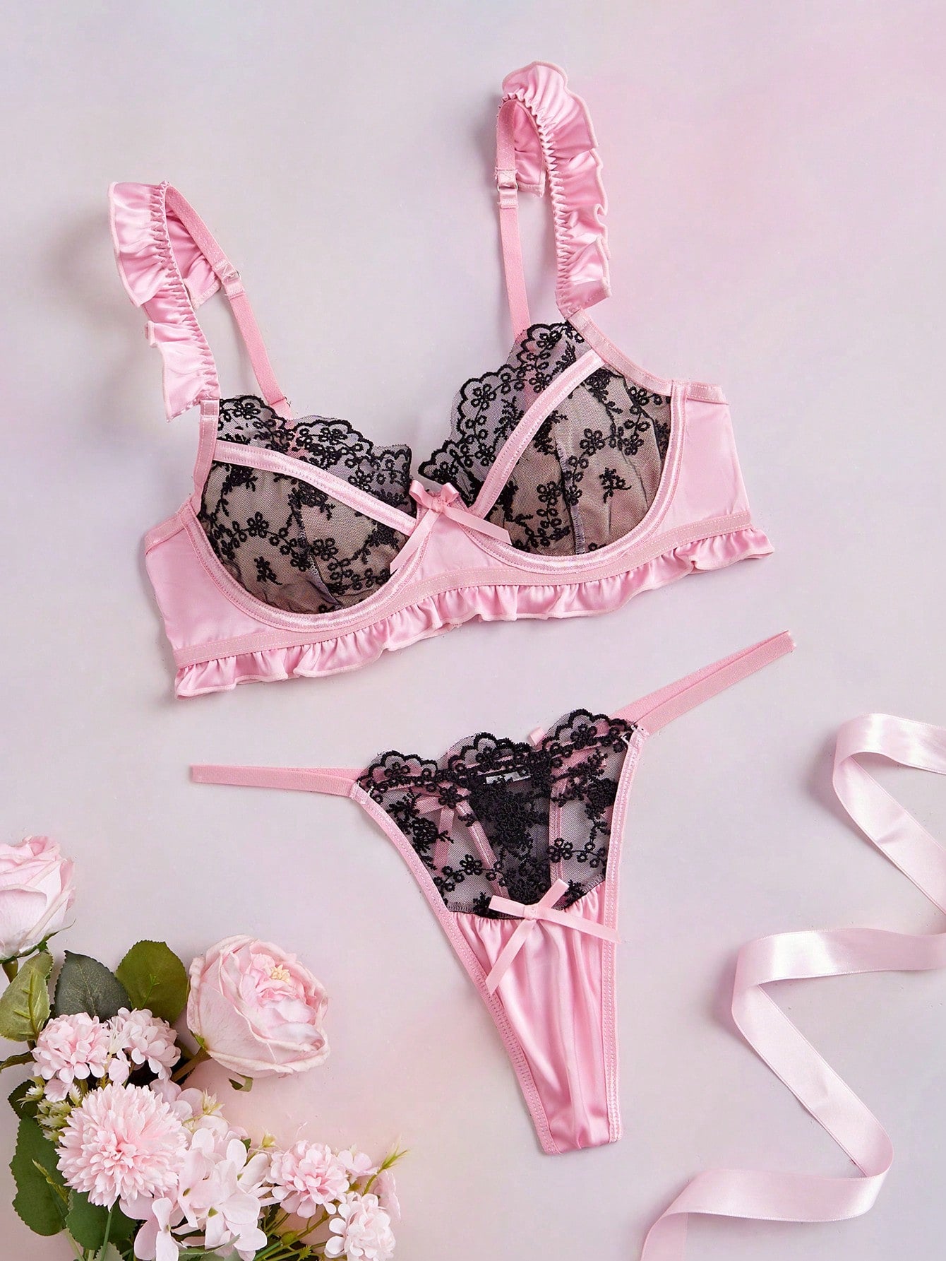 2pcs Pink Underwire Satin Cute Coquette Babydoll Lolita Embroidered Ruffle Sheer Romantic Exquisite Women's Lingerie Set