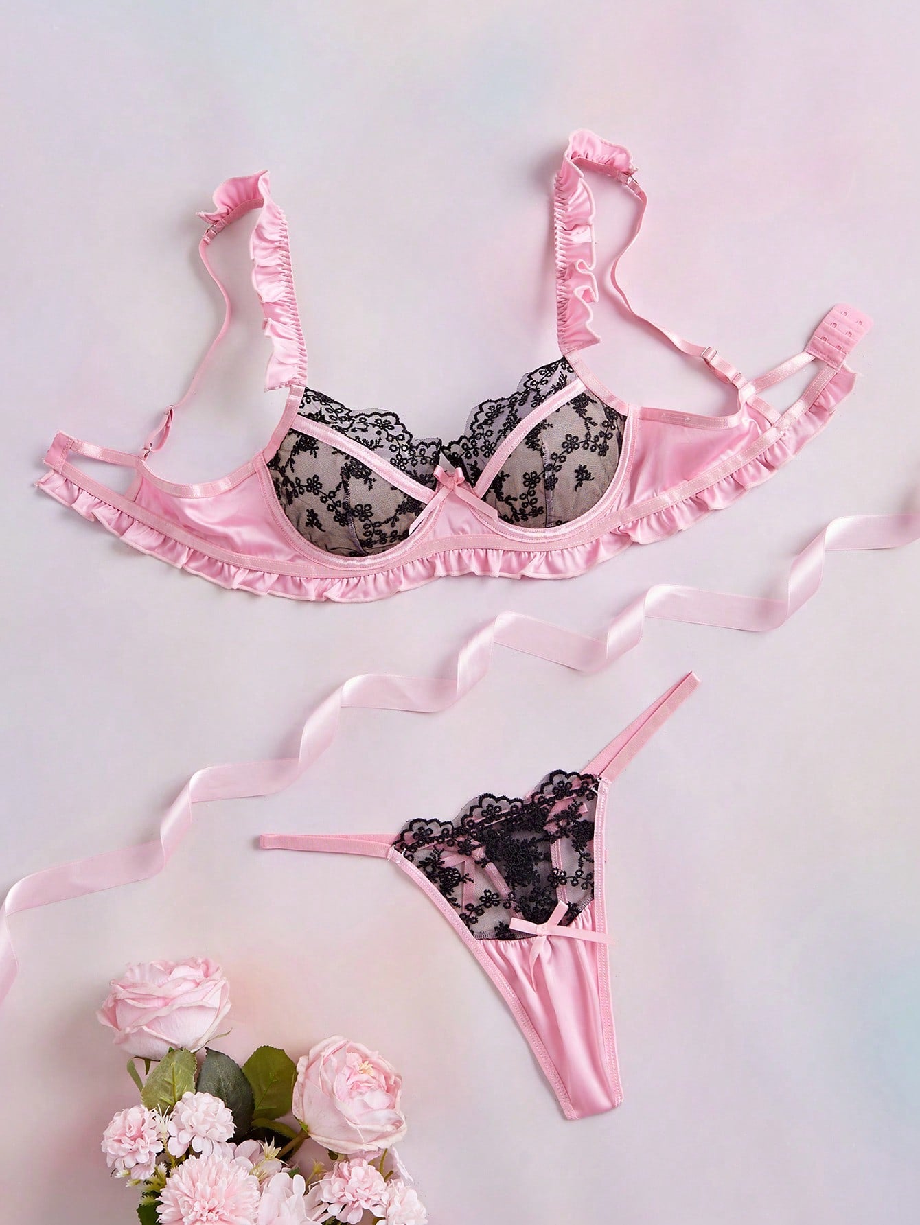 2pcs Pink Underwire Satin Cute Coquette Babydoll Lolita Embroidered Ruffle Sheer Romantic Exquisite Women's Lingerie Set