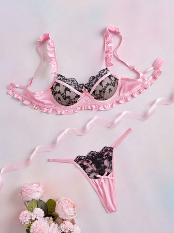 2pcs Pink Underwire Satin Cute Coquette Babydoll Lolita Embroidered Ruffle Sheer Romantic Exquisite Women's Lingerie Set
