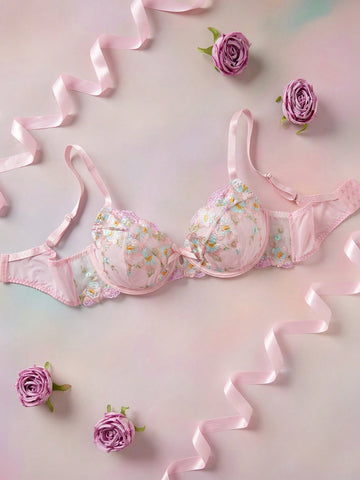 Pink Floral Embroidery Heavy Work Underwire Non-Molded Cup Romantic Pastoral Sheer Sexy Elegant Plus Size Bra & Wireless Bra