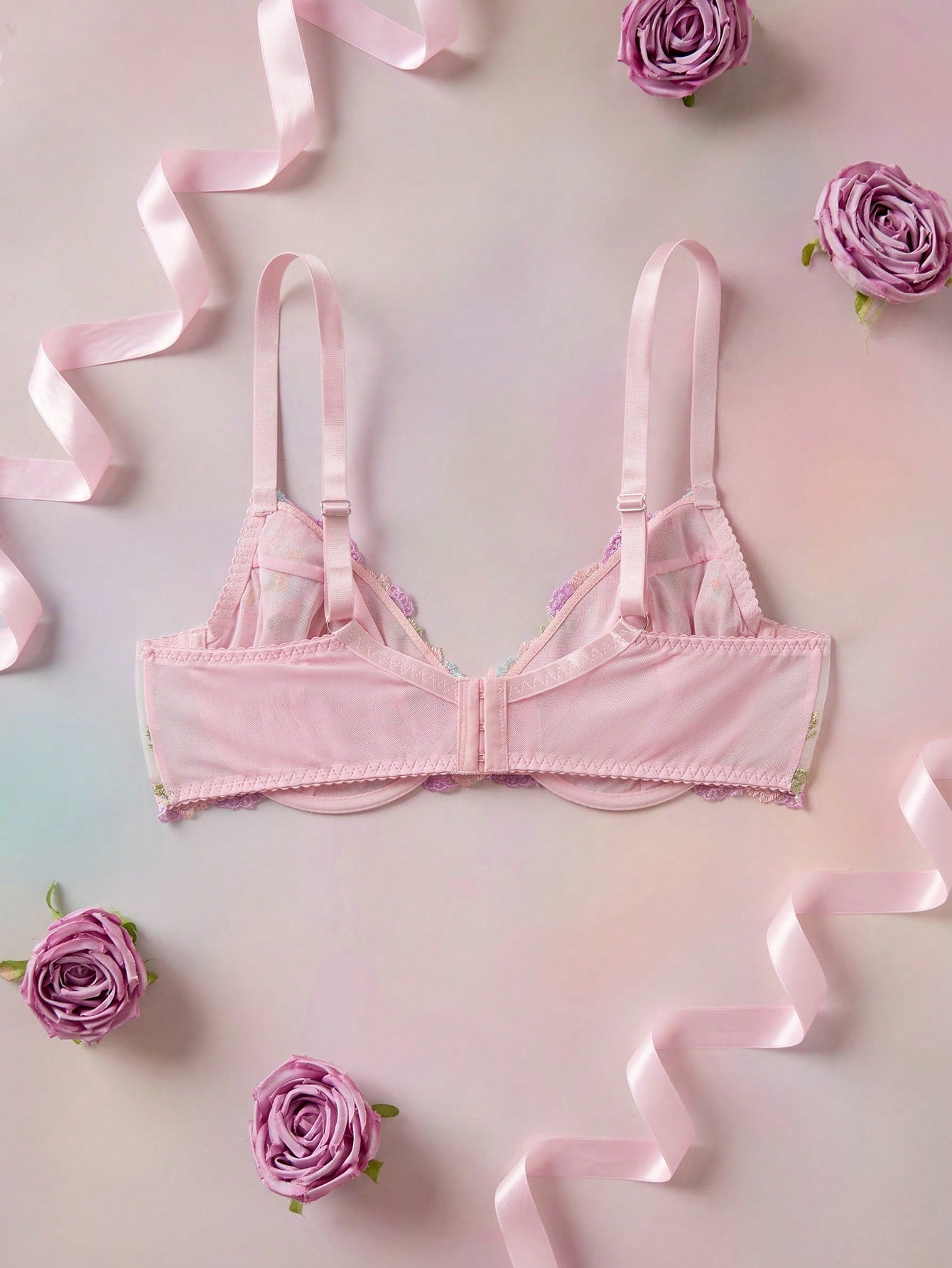 Pink Floral Embroidery Heavy Work Underwire Non-Molded Cup Romantic Pastoral Sheer Sexy Elegant Plus Size Bra & Wireless Bra