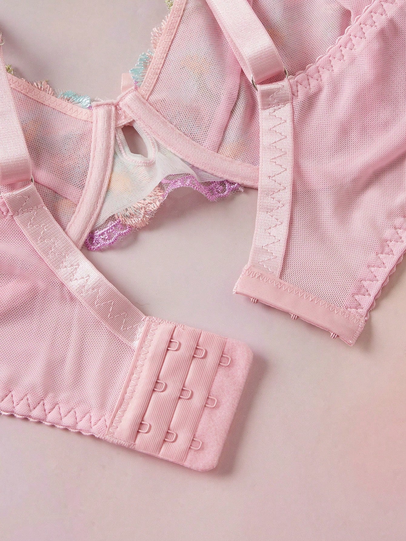 Pink Floral Embroidery Heavy Work Underwire Non-Molded Cup Romantic Pastoral Sheer Sexy Elegant Plus Size Bra & Wireless Bra