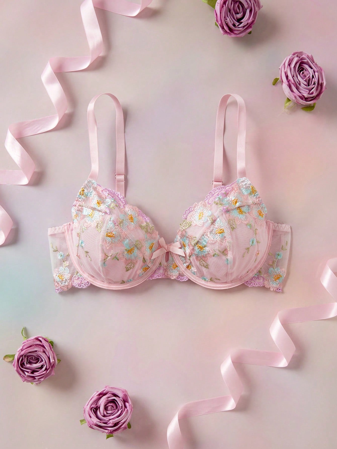 Pink Floral Embroidery Heavy Work Underwire Non-Molded Cup Romantic Pastoral Sheer Sexy Elegant Plus Size Bra & Wireless Bra
