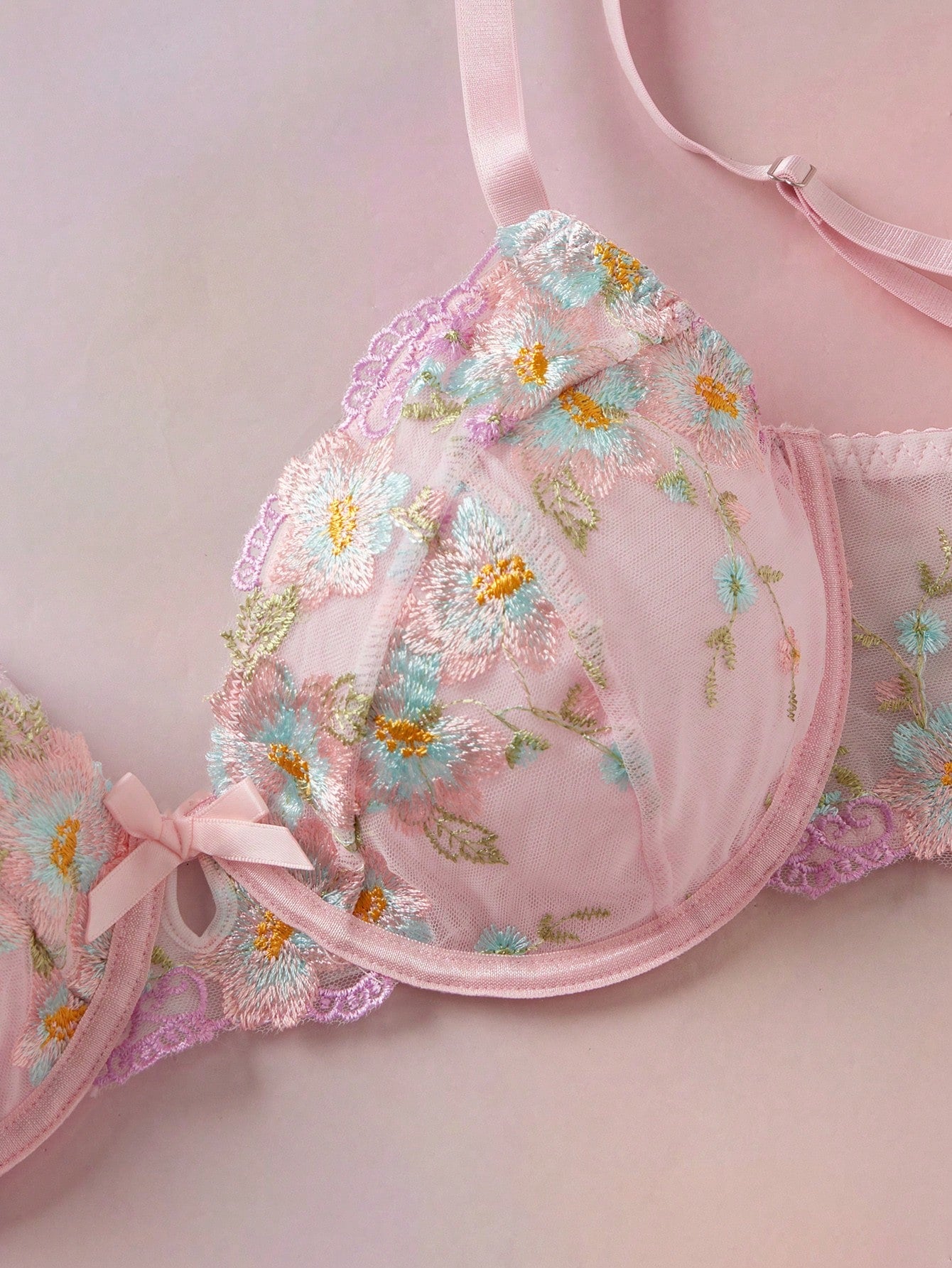 Pink Floral Embroidery Heavy Work Underwire Non-Molded Cup Romantic Pastoral Sheer Sexy Elegant Plus Size Bra & Wireless Bra