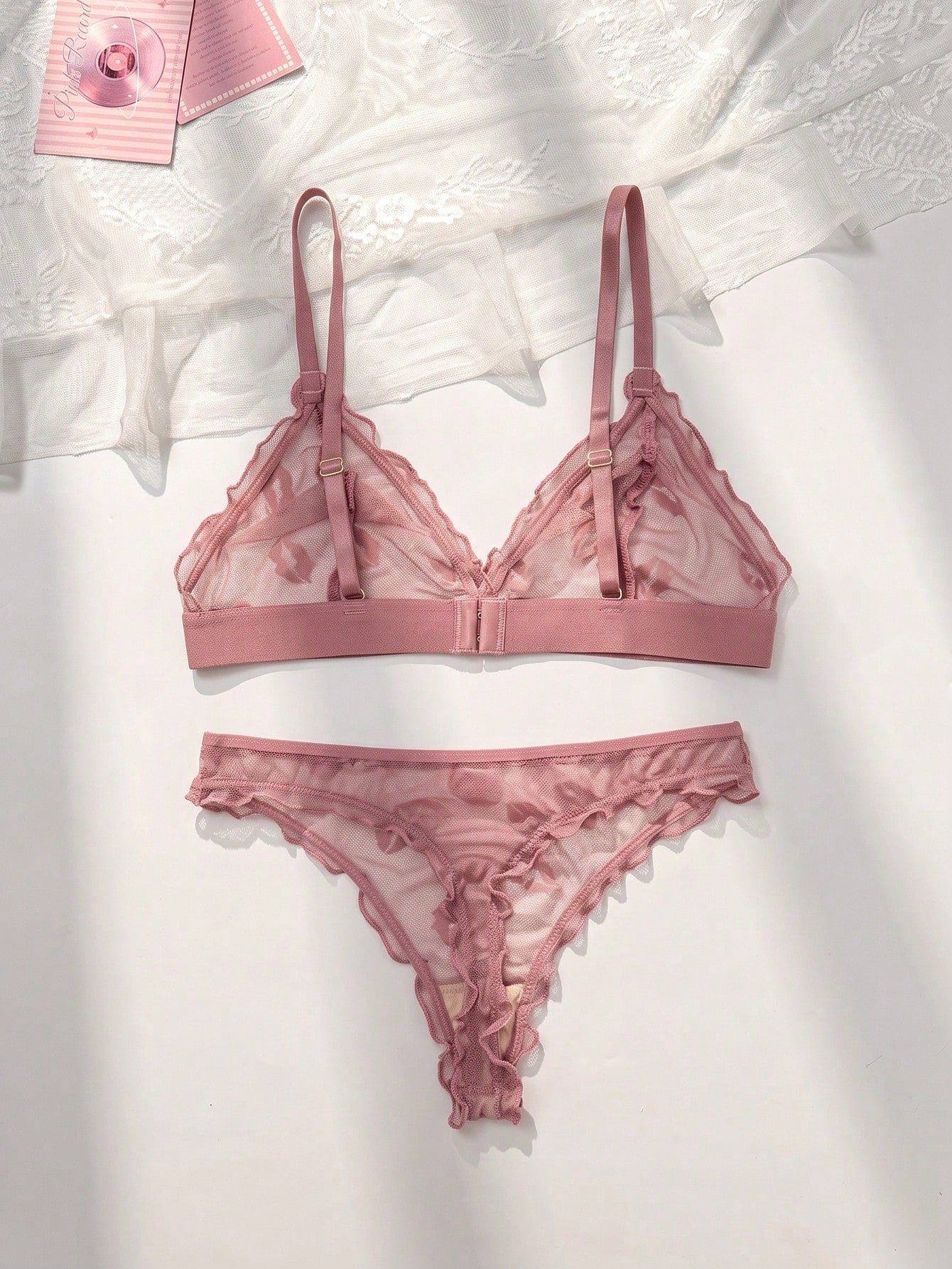 Breathable Lip Pattern Mesh Triangle Cup Bra And Thong Set Wireless Lingerie