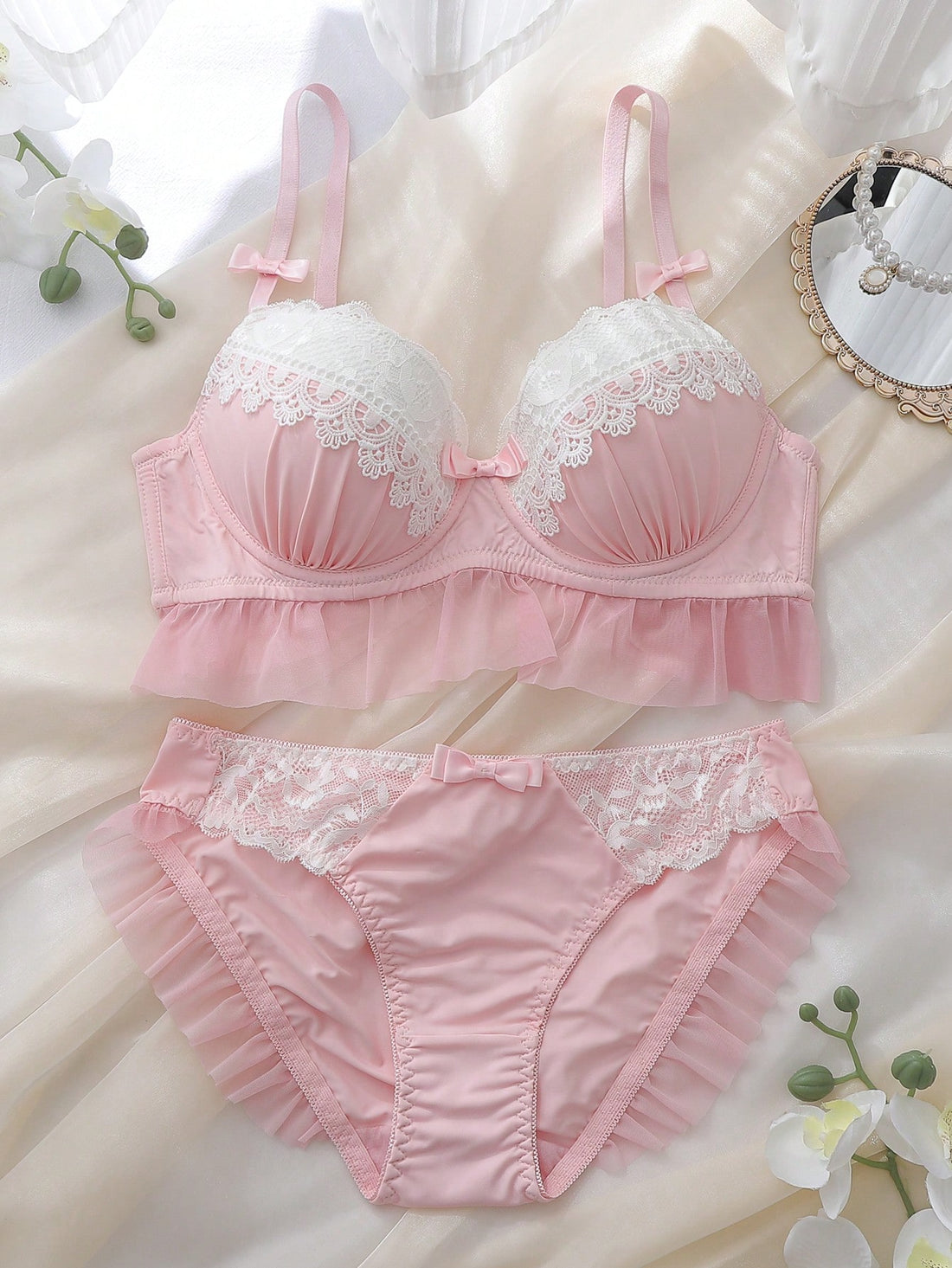 2pcs Pink & White Lace Patchwork Mesh Bow Ruffle Cup Detail Flounce Elegant Cute Pure Lolita Babydoll Underwire Molded Cup Push-Up Lift-Up Comfortable Daily Women's Lingerie Set