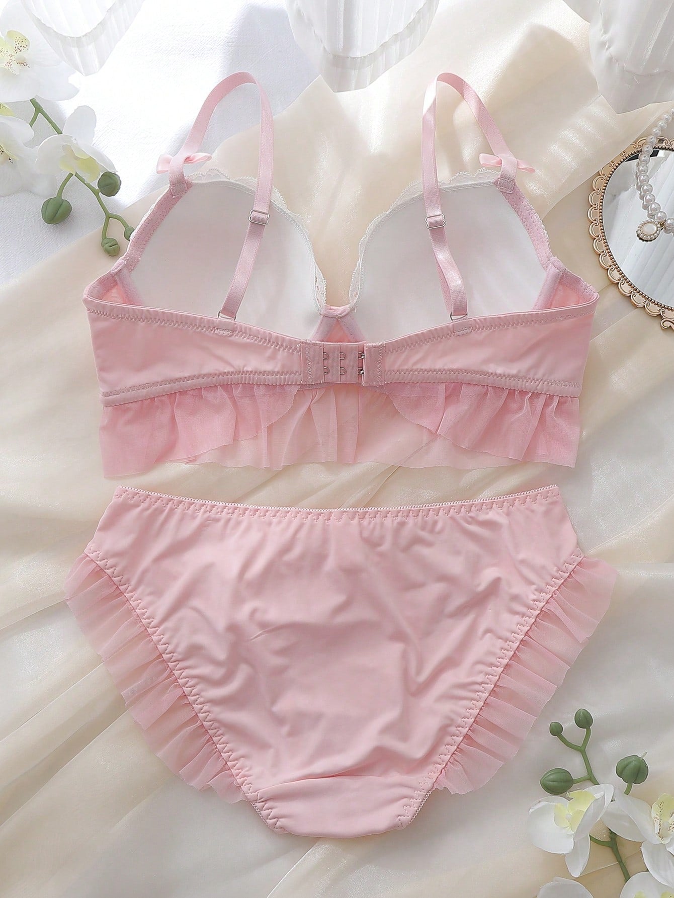 2pcs Pink & White Lace Patchwork Mesh Bow Ruffle Cup Detail Flounce Elegant Cute Pure Lolita Babydoll Underwire Molded Cup Push-Up Lift-Up Comfortable Daily Women's Lingerie Set