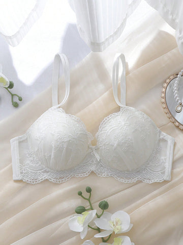 White Lace Mesh Underwire Molded Cup Push-Up Bra With Bow, Pure Cute Elegant Babydoll Sheer Cup Detail Sexy Lingerie For Women