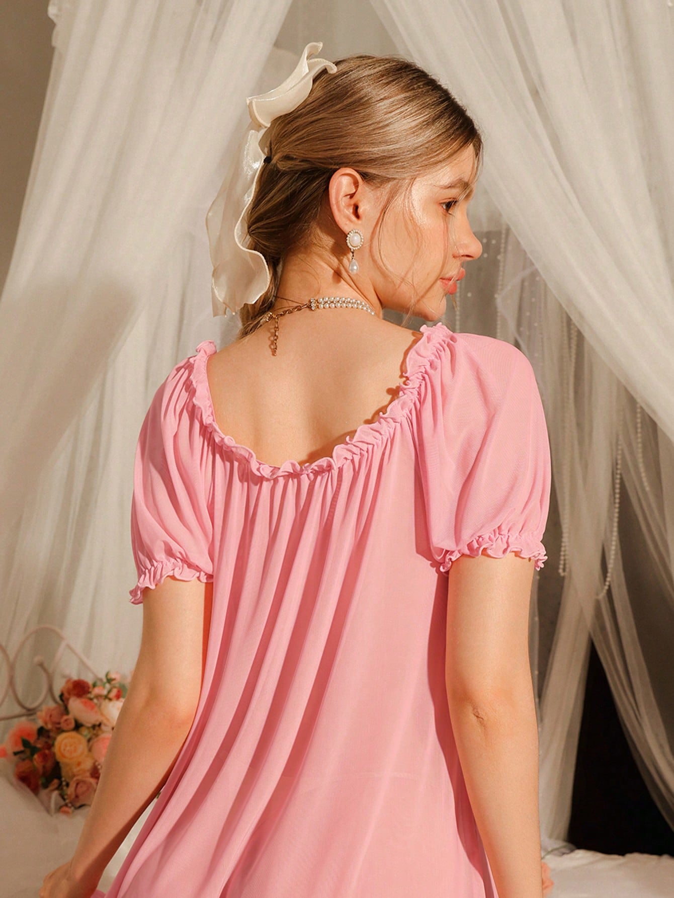 Women's Solid Color Frill Trim Front Tie Short Sleeve Nightgown