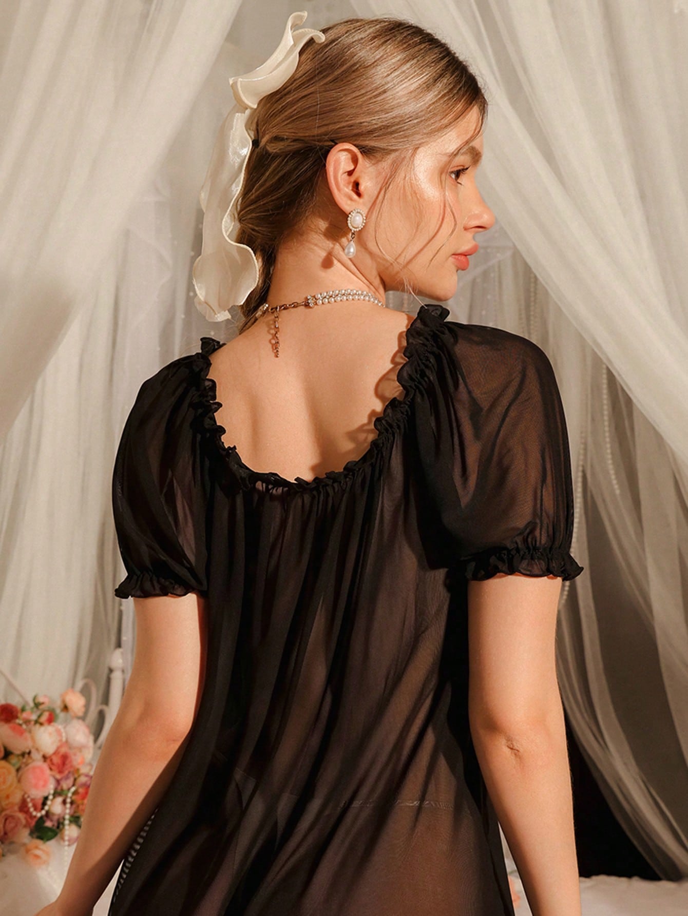 Women's Solid Color Frill Trim Front Tie Short Sleeve Nightgown