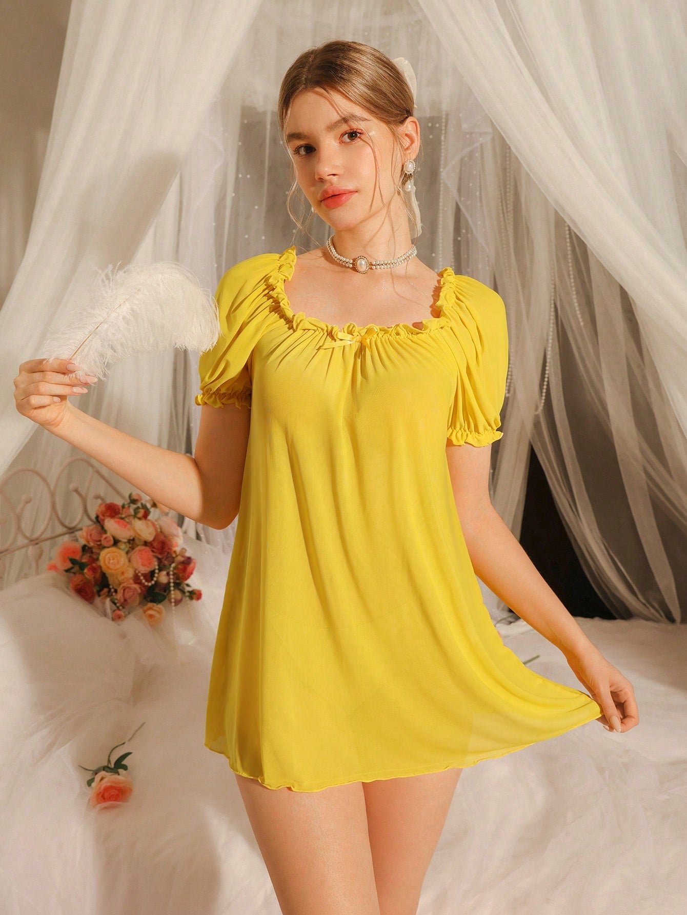 Women's Solid Color Frill Trim Front Tie Short Sleeve Nightgown