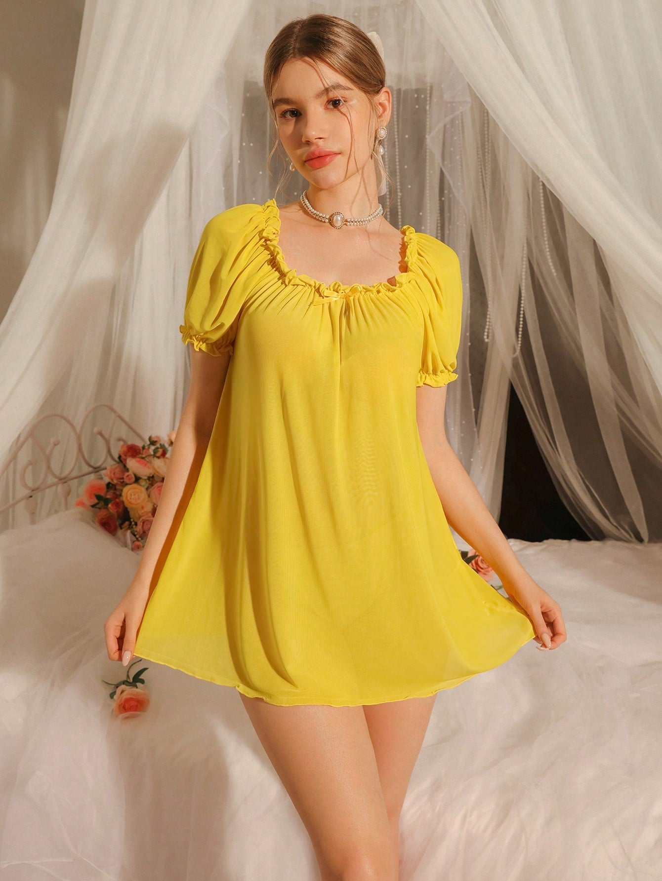 Women's Solid Color Frill Trim Front Tie Short Sleeve Nightgown