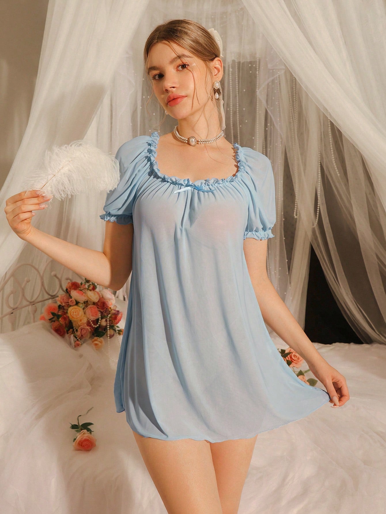 Women's Solid Color Frill Trim Front Tie Short Sleeve Nightgown