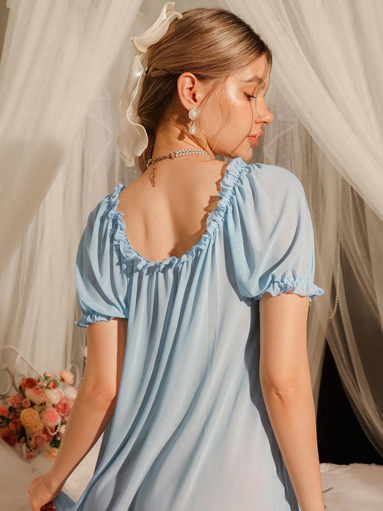 Women's Solid Color Frill Trim Front Tie Short Sleeve Nightgown