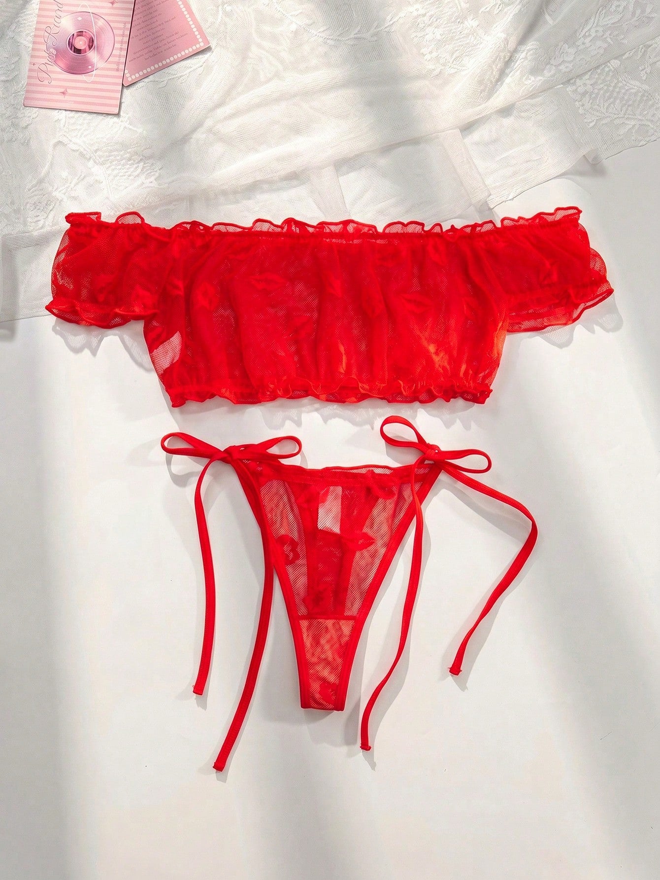 2pcs Women Lip Jacquard Mesh Bra And Thong Panty Set