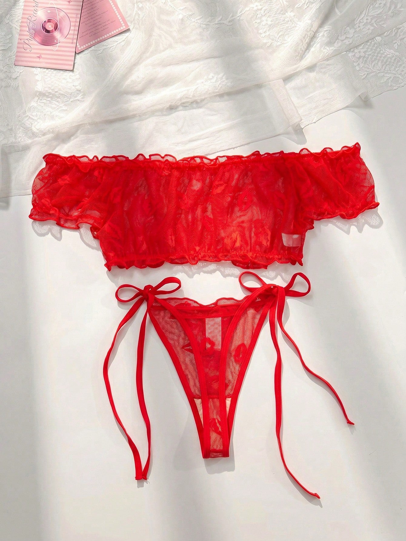 2pcs Women Lip Jacquard Mesh Bra And Thong Panty Set