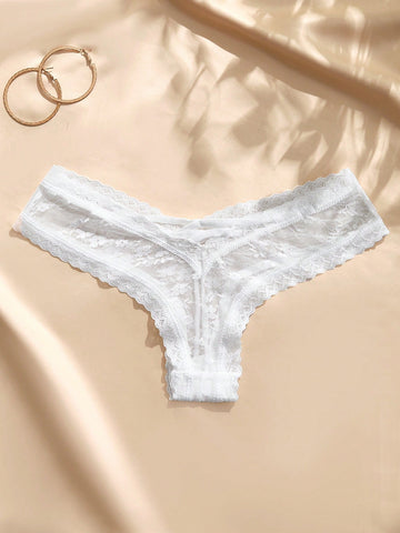 White low-rise women's brief panty with contrast lace and graphic plant pattern, romantic bridal-inspired style