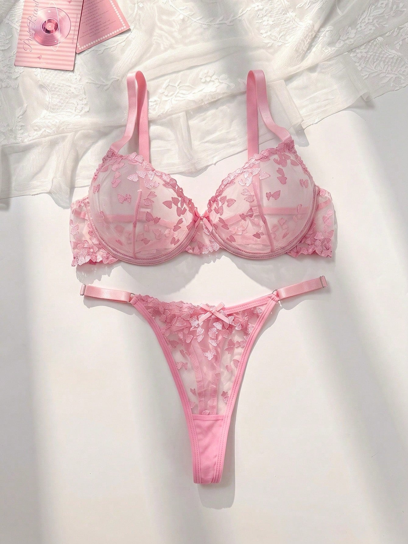 2pcs Plus Size Hot Pink Floral Embroidered Mesh Women's Lingerie Set,Sexy Lace Lingerie And Thong Set With Heart Details,Summer Wedding Intimates