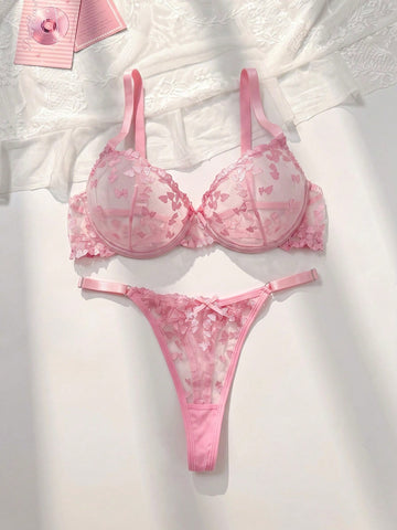 2pcs Plus Size Hot Pink Floral Embroidered Mesh Women's Lingerie Set,Sexy Lace Lingerie And Thong Set With Heart Details,Summer Wedding Intimates