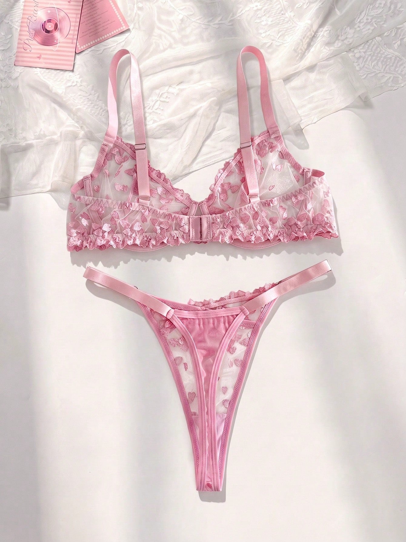 2pcs Plus Size Hot Pink Floral Embroidered Mesh Women's Lingerie Set,Sexy Lace Lingerie And Thong Set With Heart Details,Summer Wedding Intimates