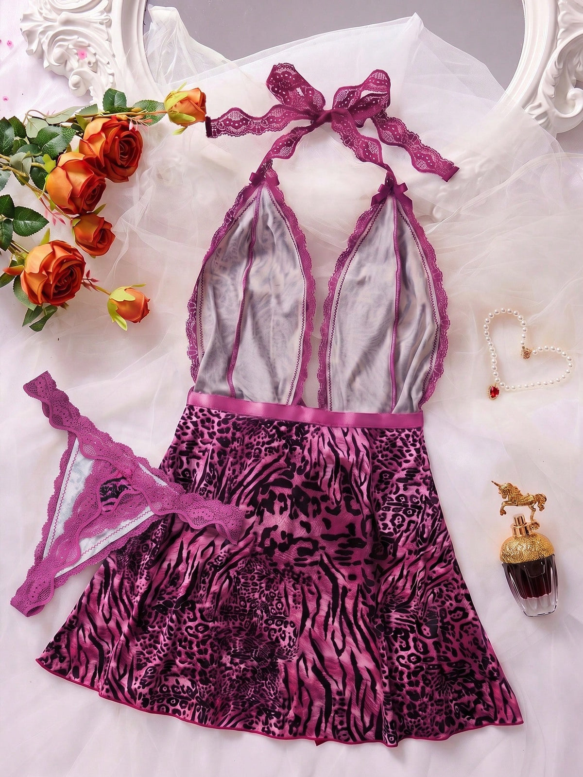 Two-Piece Lace Color-Blocked Sexy Dress Set (Slip Dress With Animal Print + Underwear) Leopard Print Lingerie