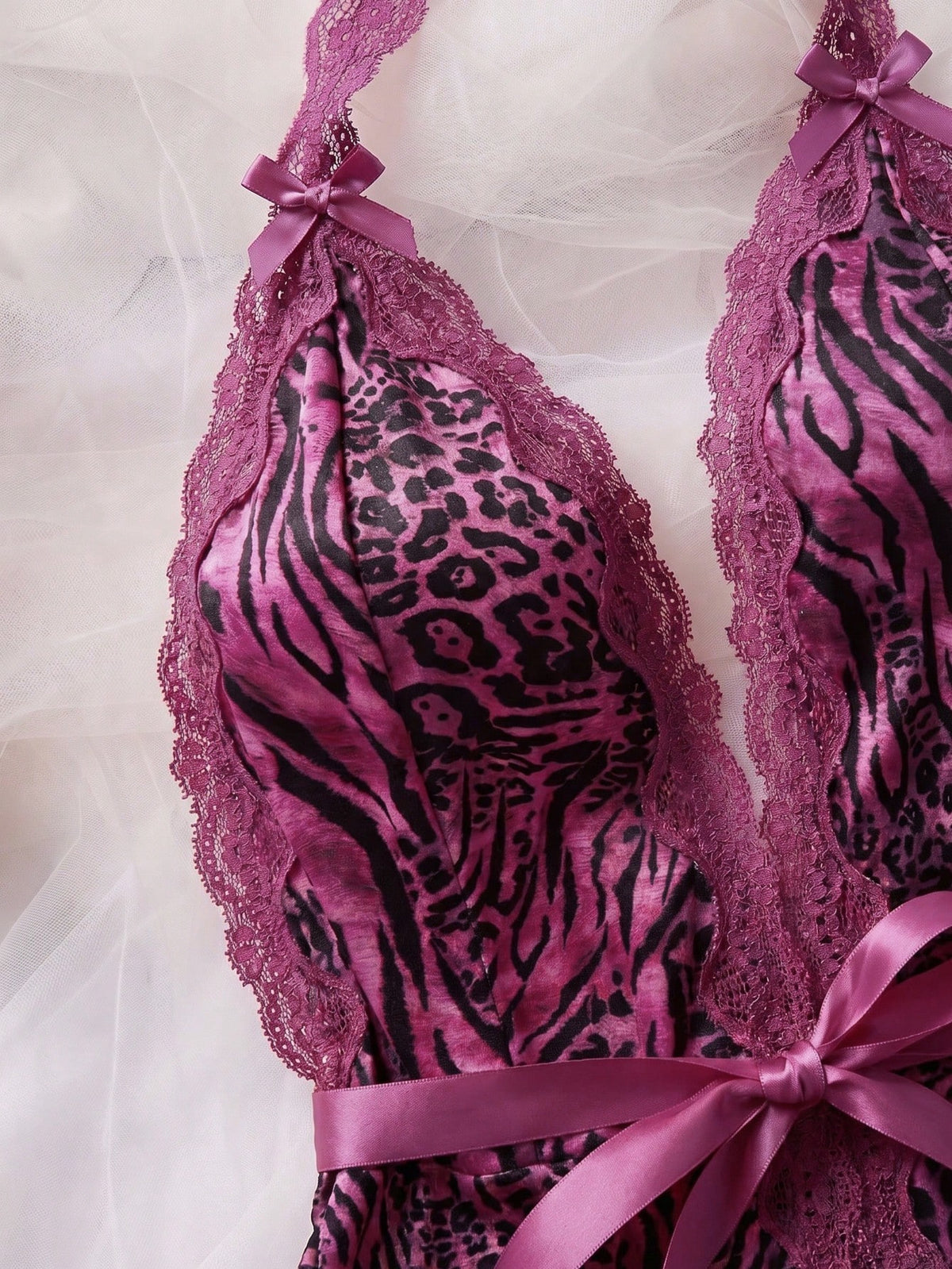 Two-Piece Lace Color-Blocked Sexy Dress Set (Slip Dress With Animal Print + Underwear) Leopard Print Lingerie