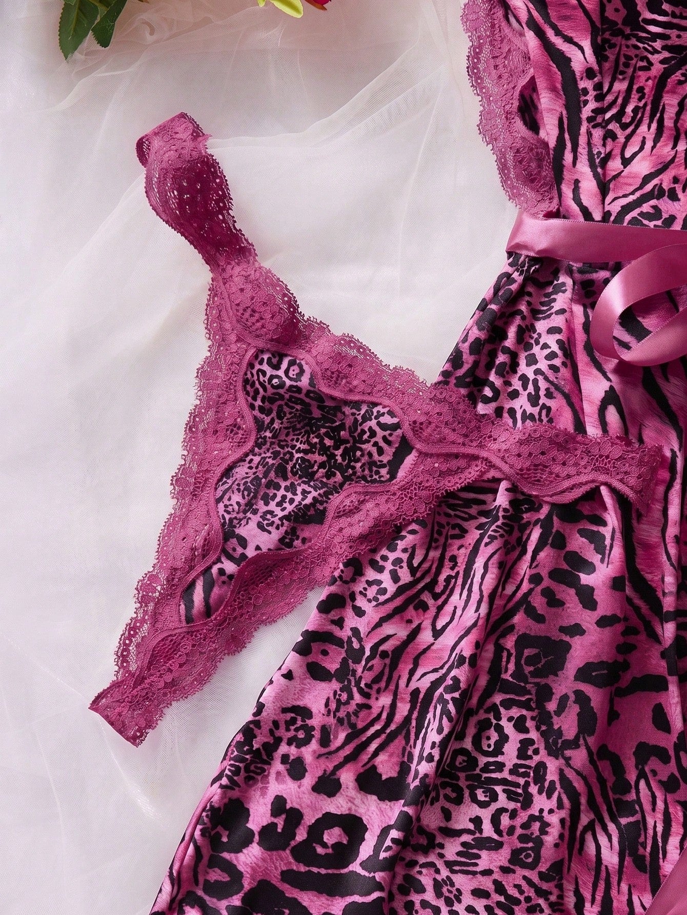 Two-Piece Lace Color-Blocked Sexy Dress Set (Slip Dress With Animal Print + Underwear) Leopard Print Lingerie