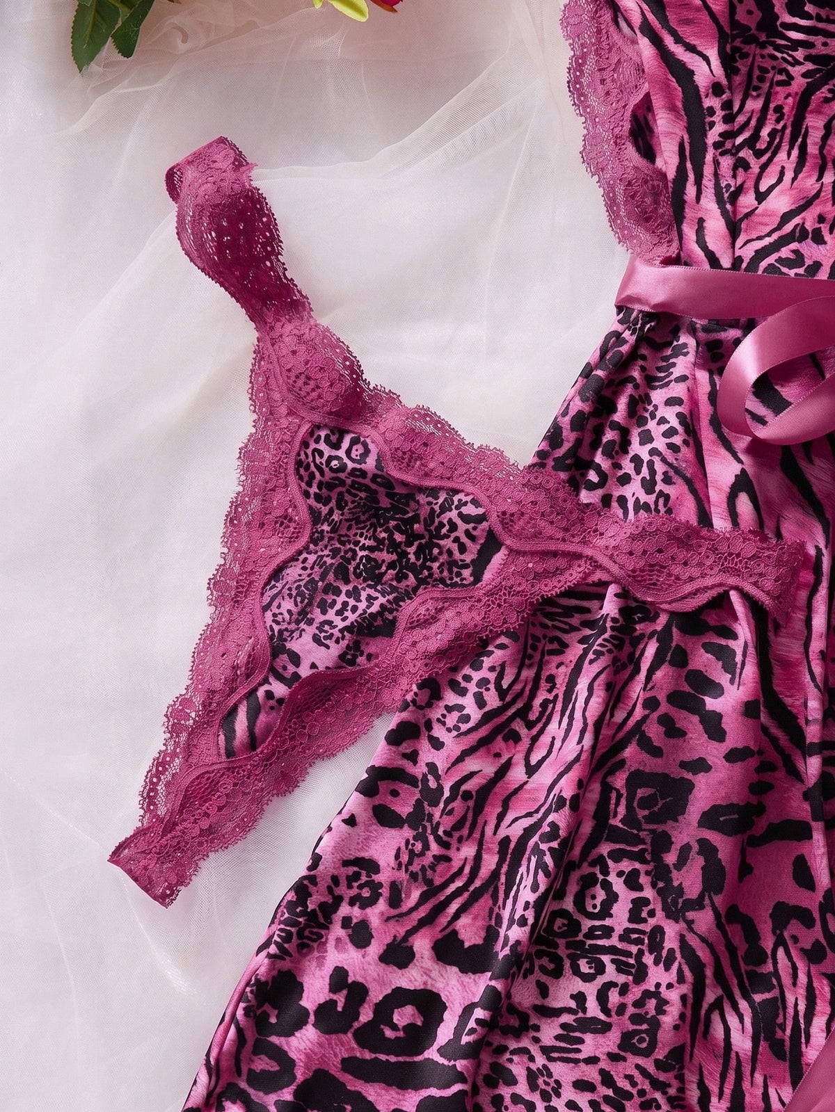 Two-Piece Lace Color-Blocked Sexy Dress Set (Slip Dress With Animal Print + Underwear) Leopard Print Lingerie