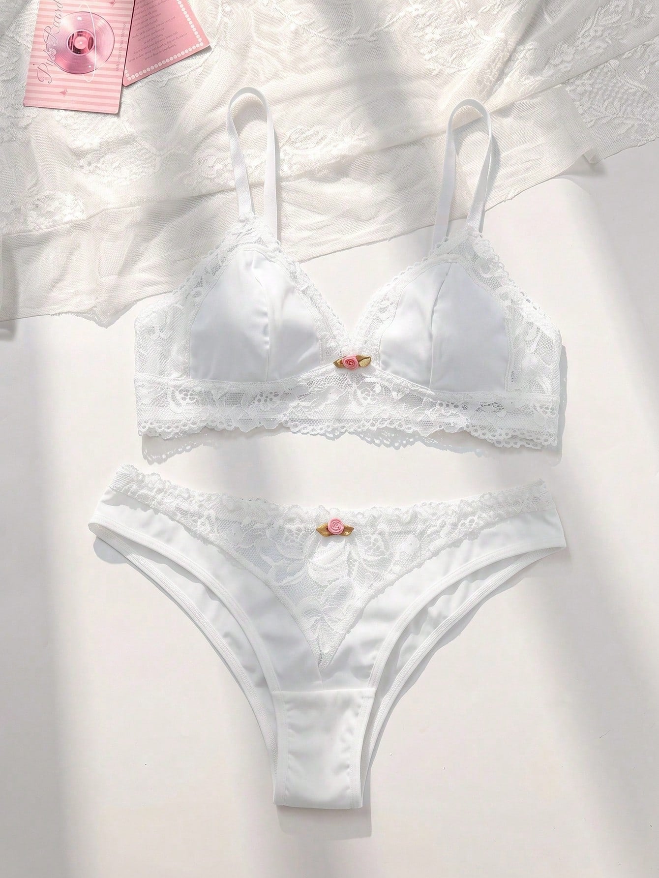 2pcs Women's Comfortable Bralette Set Wireless And With Padding And Lace Trimmed Triangle Cups, Lingerie