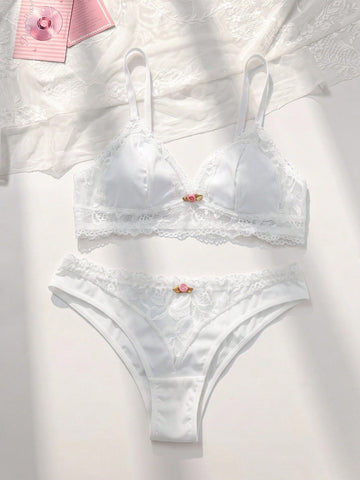 2pcs Women's Comfortable Bralette Set Wireless And With Padding And Lace Trimmed Triangle Cups, Lingerie