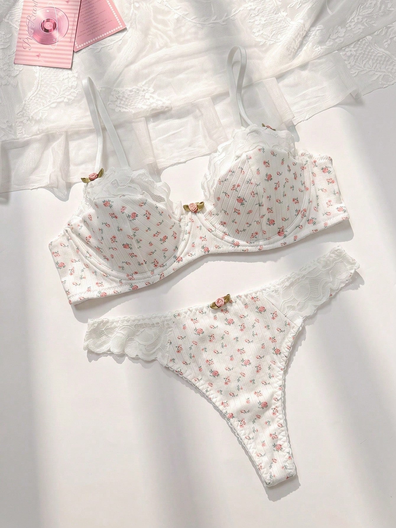 Ditsy Floral Print Contrast Lace Underwire Bra & Panty Lingerie Set Bountiful Floral Splendor